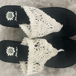 Yellow Box White Crochet Sandals with Floral Embellishments